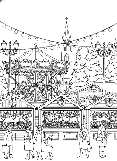 Christmas market stalls coloring page for adults: a European Christmas market with wooden stalls, string lights, gingerbread and a carousel, black line art
