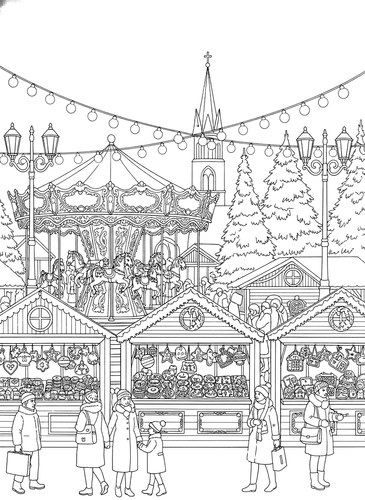 Christmas market stalls coloring page for adults: a European Christmas market with wooden stalls, string lights, gingerbread and a carousel, black line art