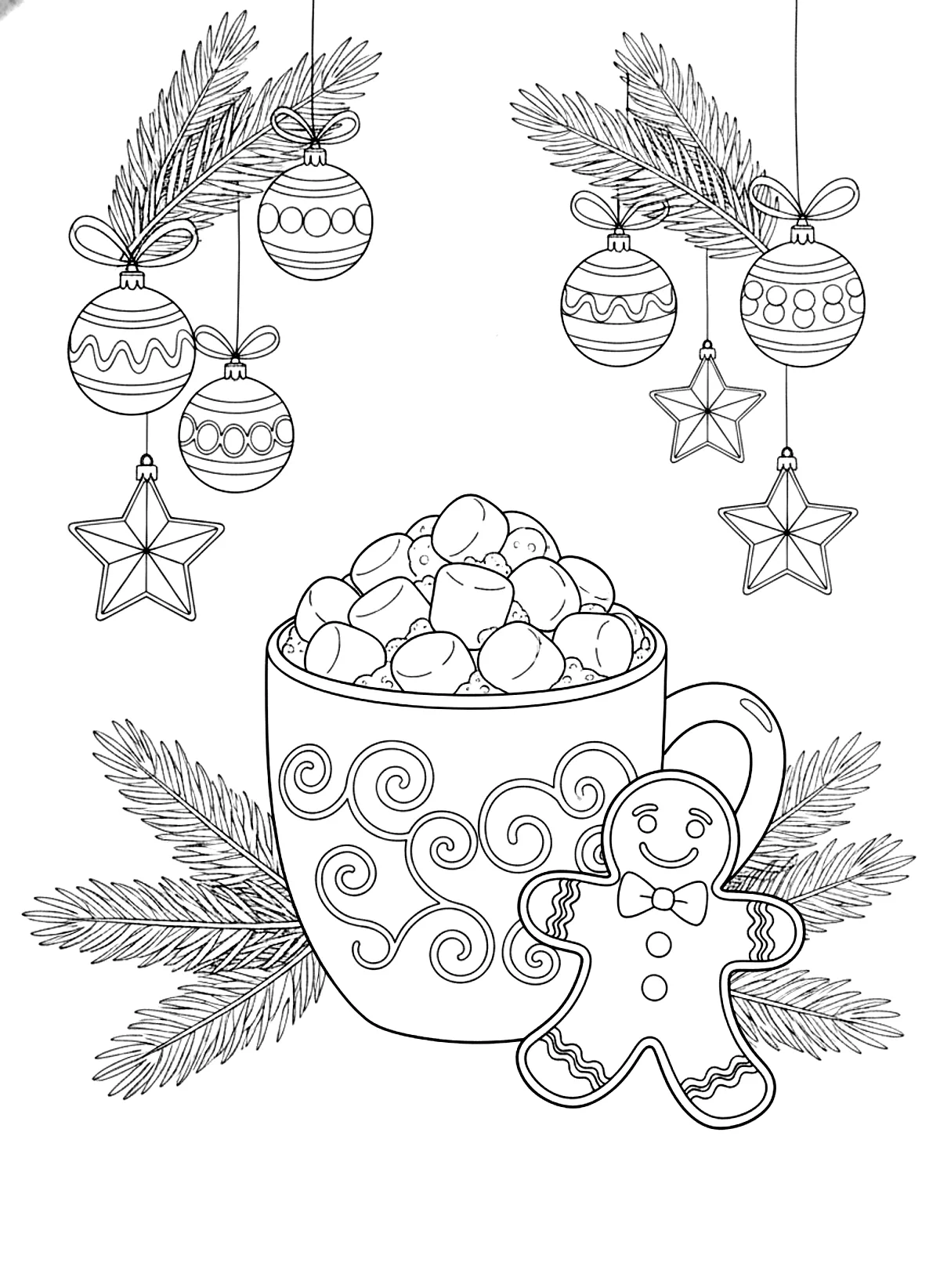 Christmas coloring page with a mug of cocoa and marshmallows, a gingerbread cookie, pine branches and ornaments