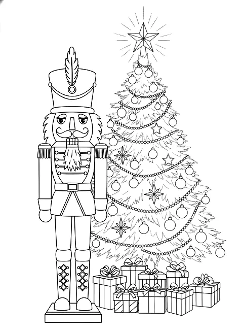 Nutcracker soldier coloring page for adults: a traditional wooden nutcracker soldier standing next to a decorated Christmas tree with presents, black line art