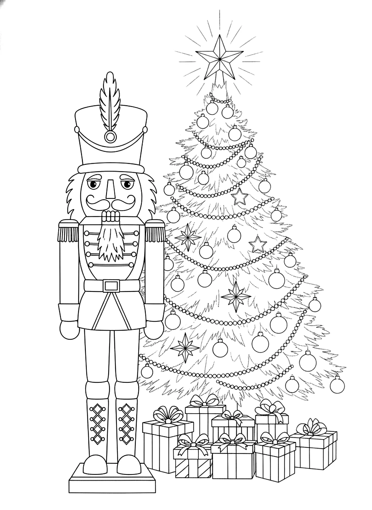 Nutcracker soldier coloring page for adults: a traditional wooden nutcracker soldier standing next to a decorated Christmas tree with presents, black line art