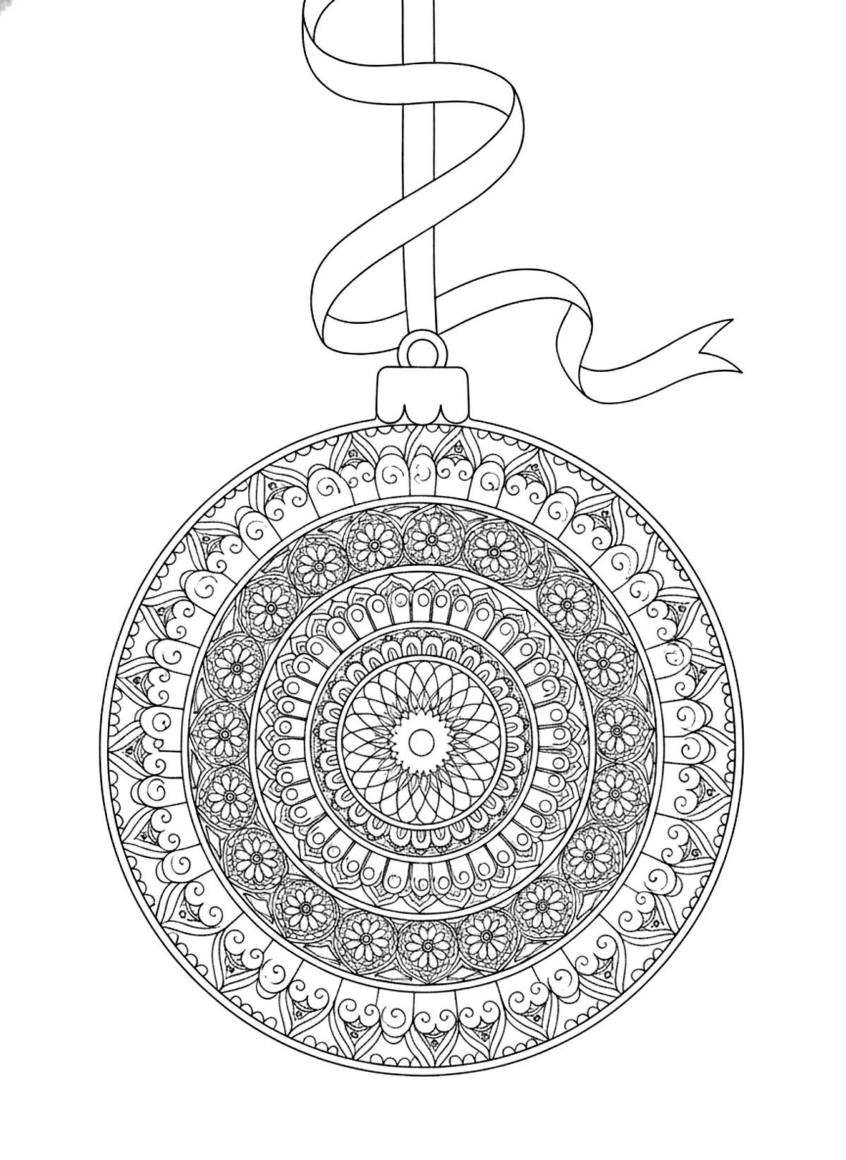 Ornament mandala coloring page for adults: one big round Christmas ornament filled with mandala patterns, hanging from a ribbon, black line art