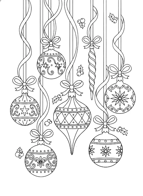Vintage Christmas ornaments coloring page for adults: a collection of vintage glass christmas ornaments with patterns and ribbons, black line art