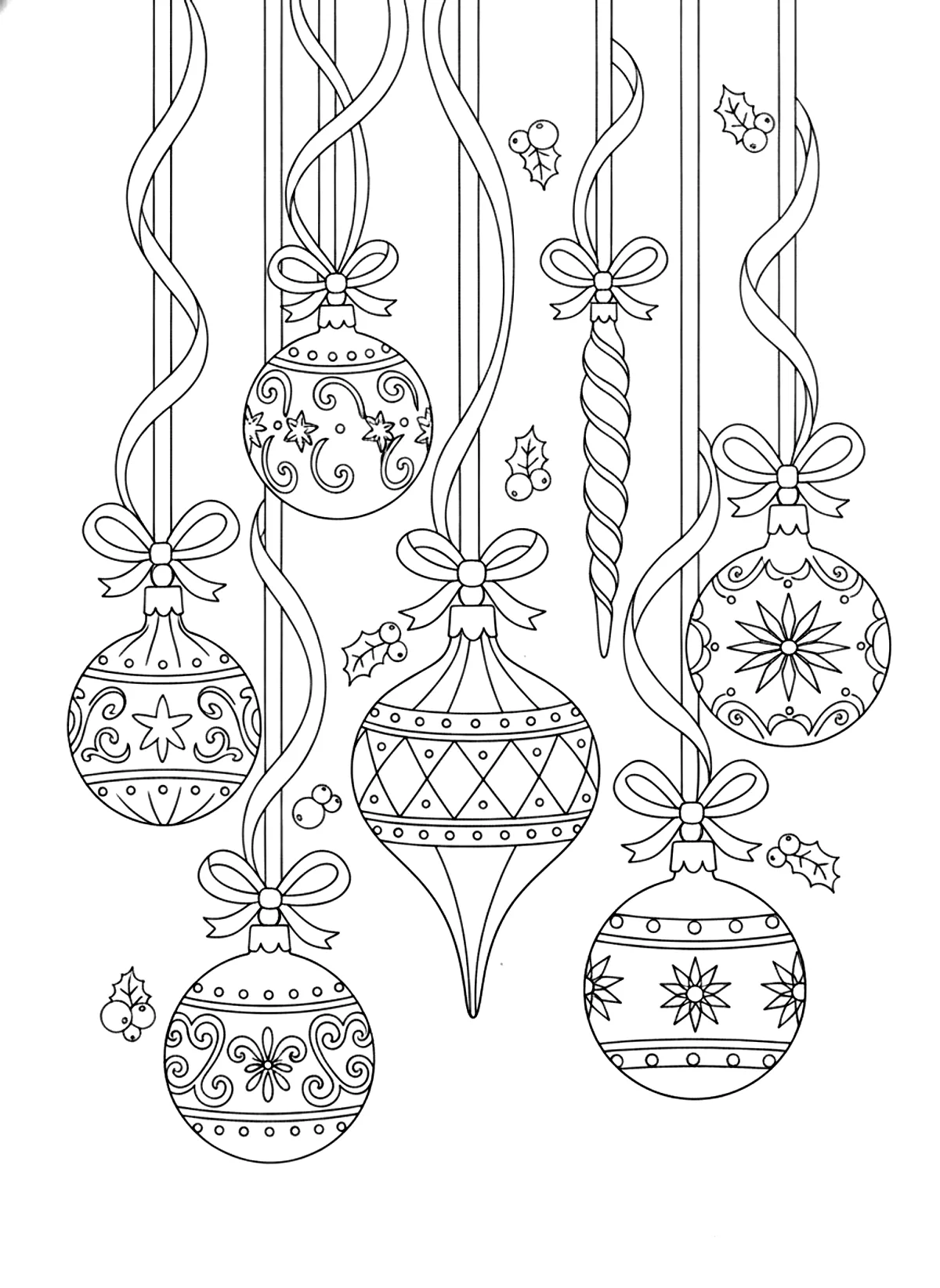 Vintage Christmas ornaments coloring page for adults: a collection of vintage glass christmas ornaments with patterns and ribbons, black line art