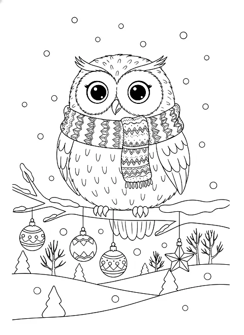 Owl in a Christmas scarf coloring page for adults: a round owl wearing a knitted scarf sitting on a snowy branch with ornaments, black line art