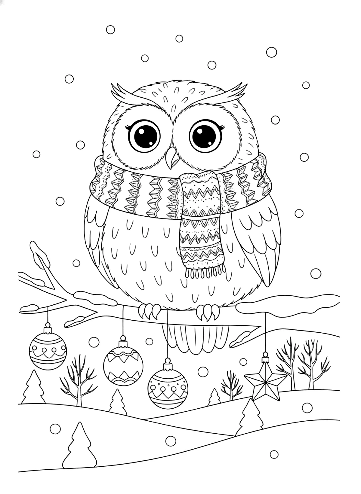 Owl in a Christmas scarf coloring page for adults: a round owl wearing a knitted scarf sitting on a snowy branch with ornaments, black line art