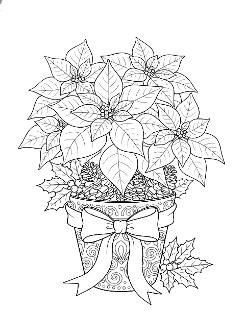 Poinsettia bouquet coloring page for adults: a large poinsettia plant in a pot with ribbon, holly and pine cones, black line art