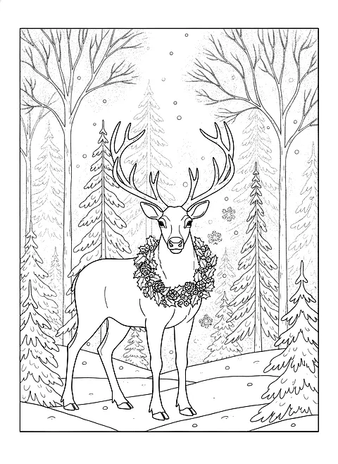Reindeer in the snowy forest coloring page for adults: a reindeer with a wreath around its neck in a snowy forest, black line art