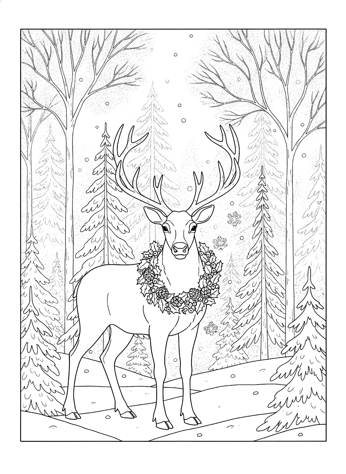 Reindeer in the snowy forest coloring page for adults: a reindeer with a wreath around its neck in a snowy forest, black line art
