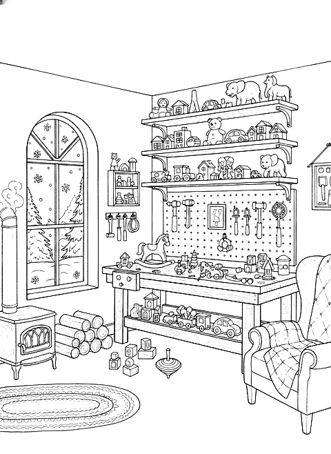 Santa’s workshop coloring page for adults: a cozy toy workshop with wooden toys, shelves, a workbench and a window with snow, no people, black line art