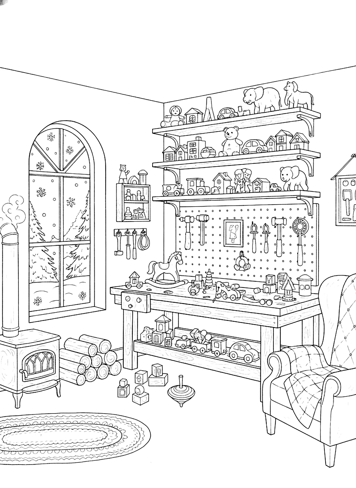 Santa’s workshop coloring page for adults: a cozy toy workshop with wooden toys, shelves, a workbench and a window with snow, no people, black line art