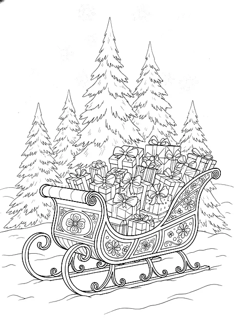 Santa’s sleigh full of gifts coloring page for adults: an ornate vintage sleigh full of wrapped gifts in the snow with pine trees, black line art