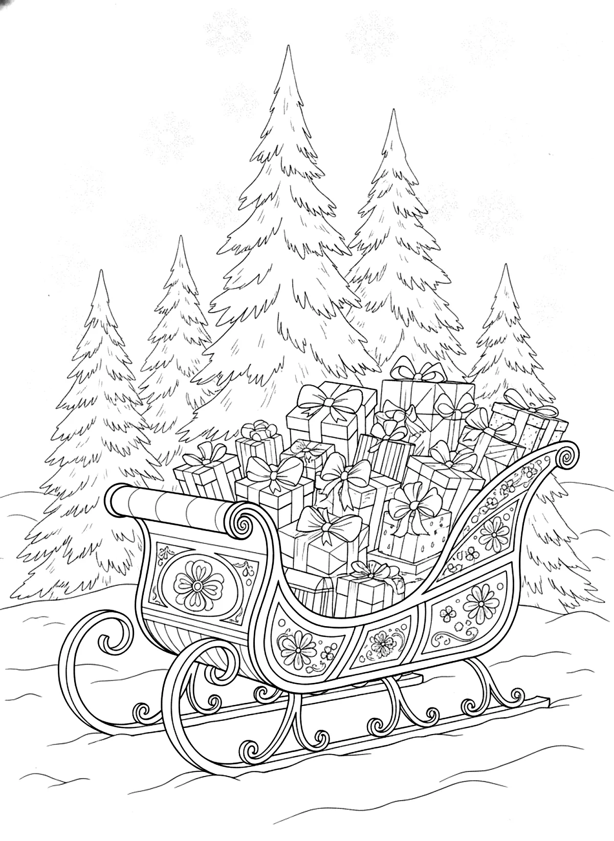 Santa’s sleigh full of gifts coloring page for adults: an ornate vintage sleigh full of wrapped gifts in the snow with pine trees, black line art