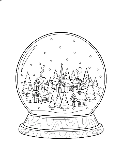 Snow globe village coloring page for adults: a snow globe with a tiny village, a church and pine trees inside, on a wooden base, black line art