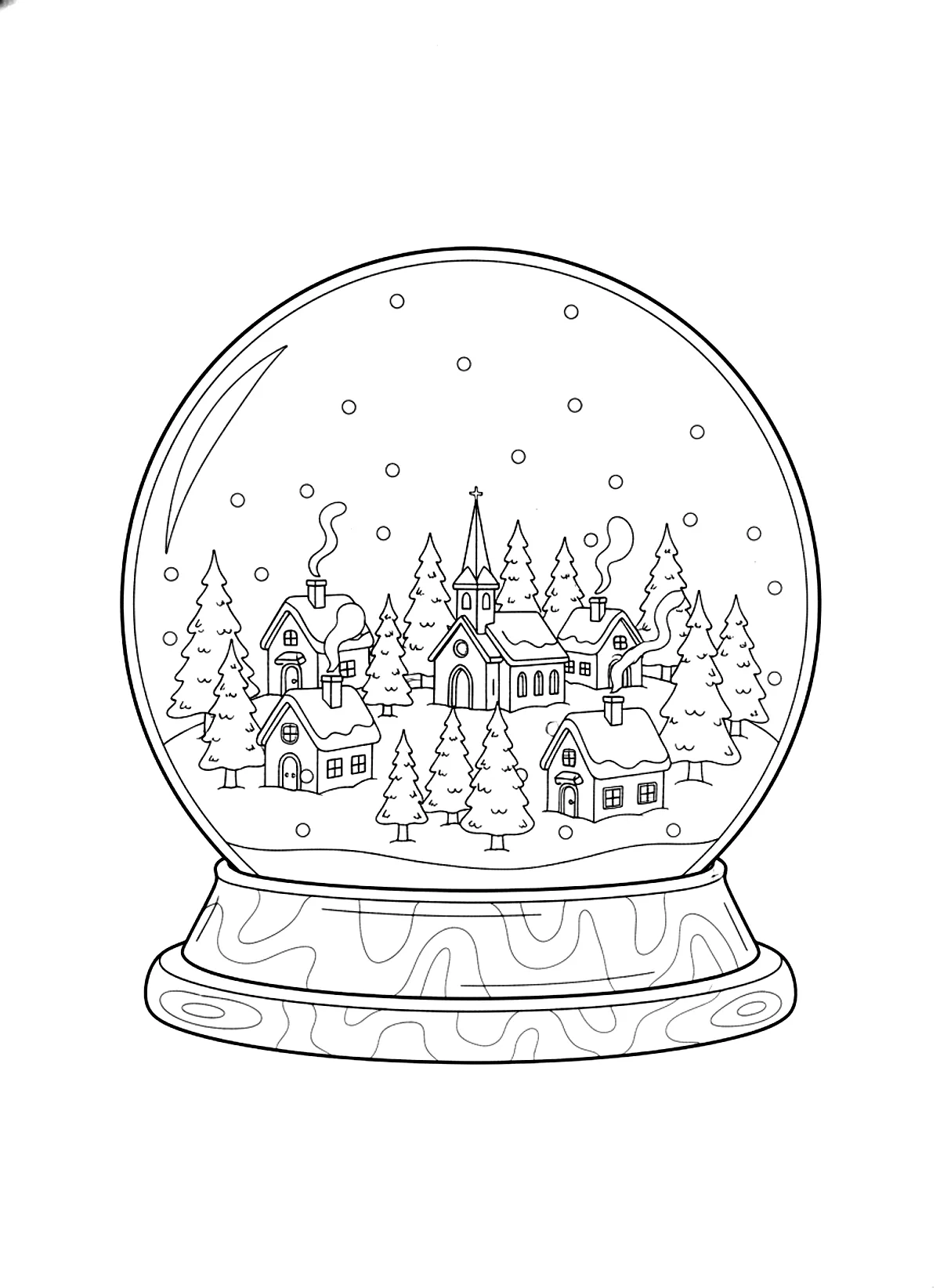 Snow globe village coloring page for adults: a snow globe with a tiny village, a church and pine trees inside, on a wooden base, black line art