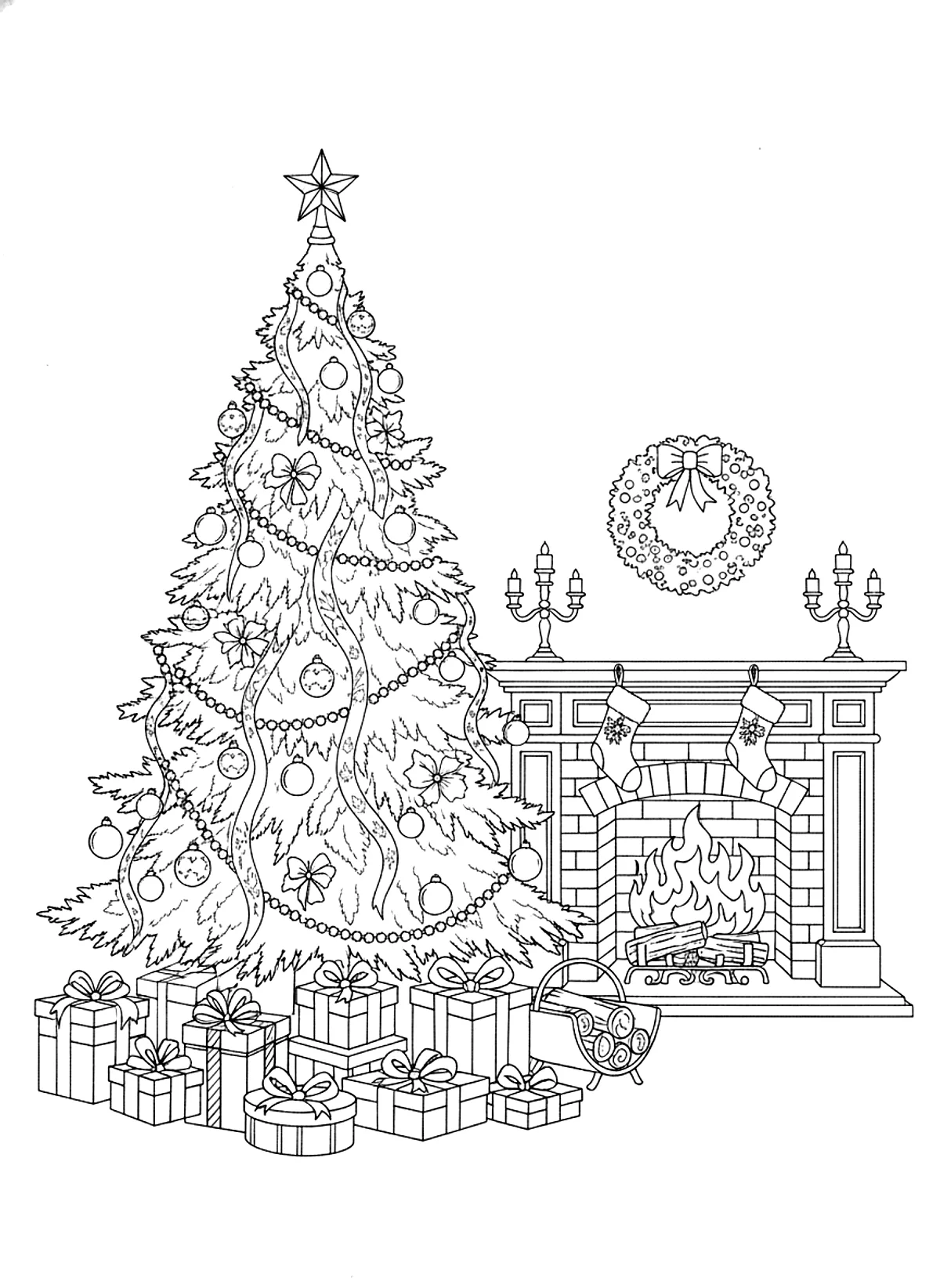 Christmas tree and gifts coloring page for adults: a decorated christmas tree with presents underneath and a fireplace, black line art