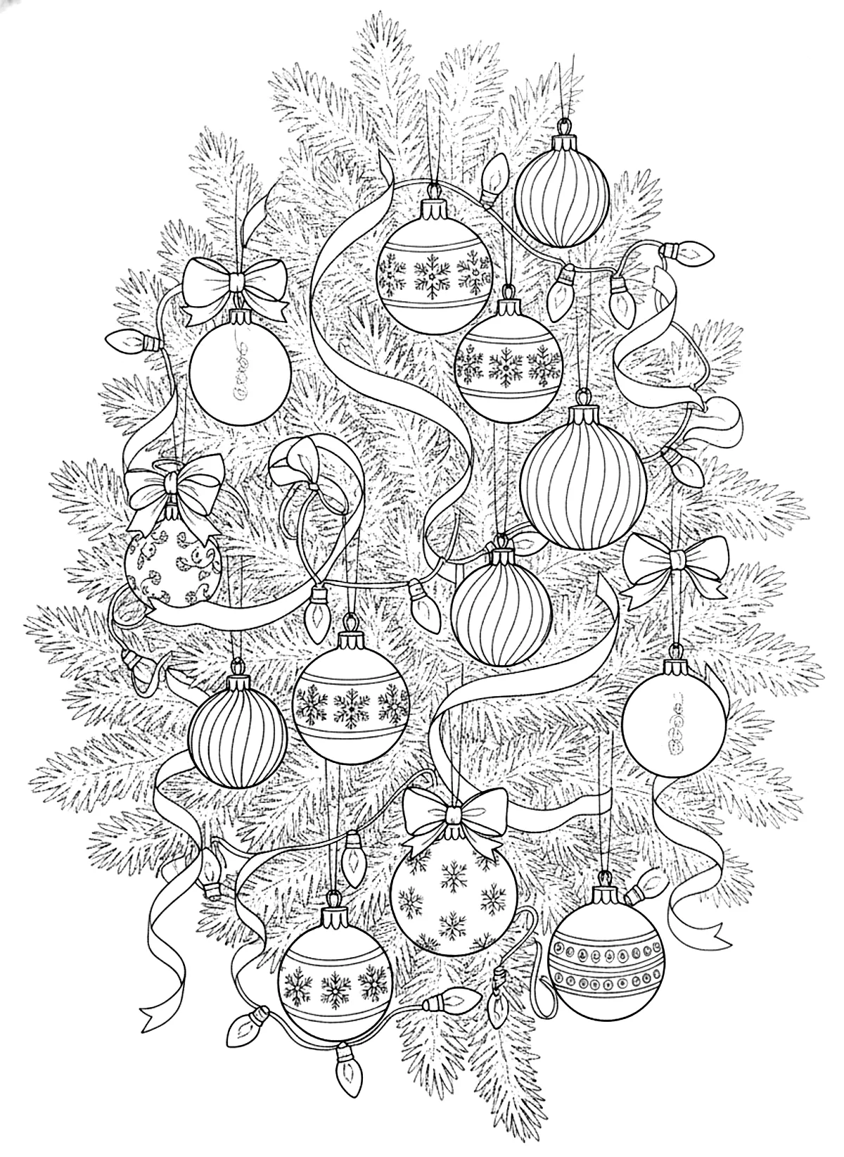 Christmas tree close-up coloring page for adults: a close-up of Christmas tree branches with glass ornaments, lights and ribbons, black line art