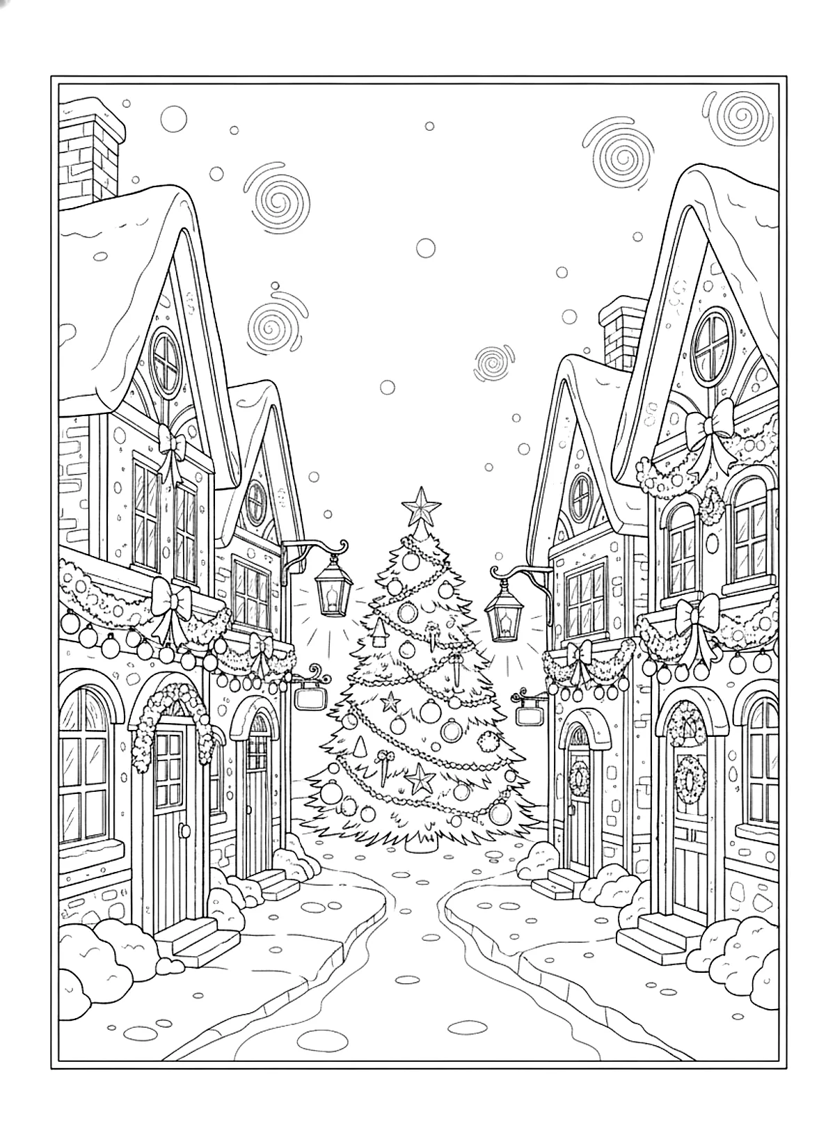 Christmas coloring page for adults of a snowy village street at night with decorated cottages, lanterns and a Christmas tree