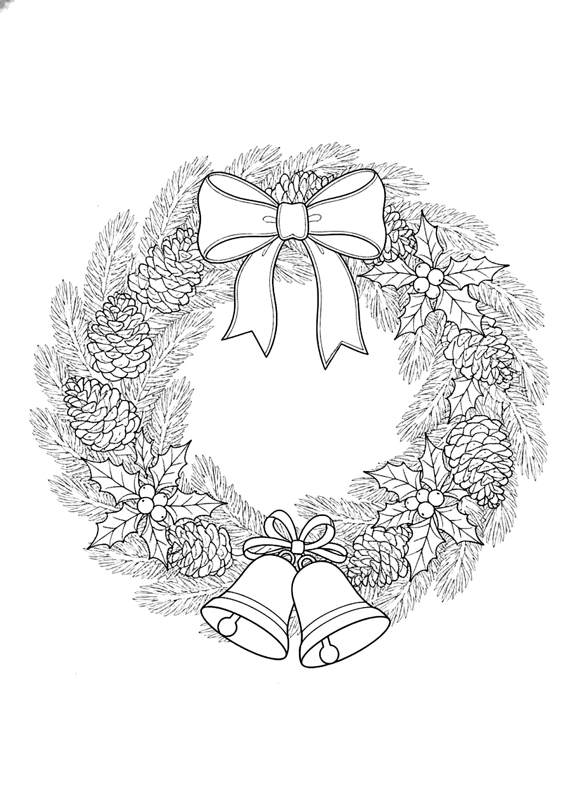 Christmas wreath coloring page with pine cones, holly leaves, bells and a big ribbon bow